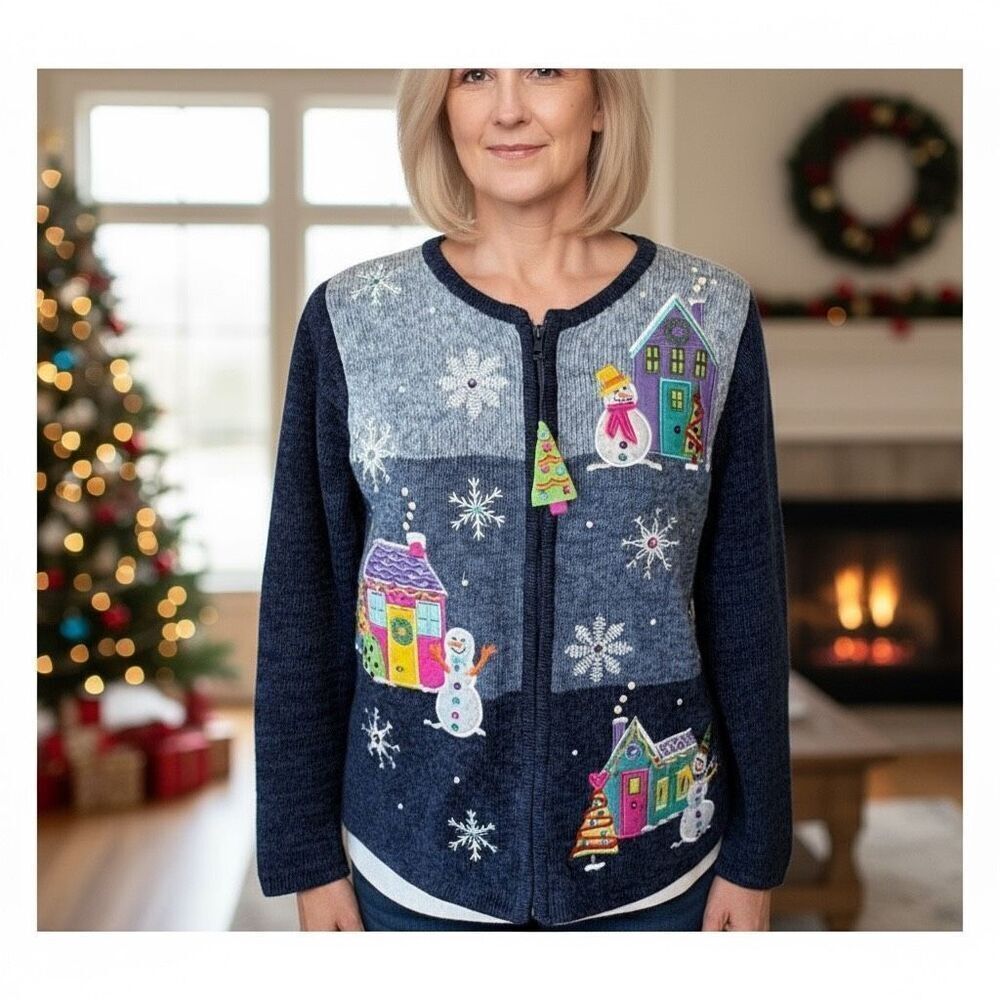 Tiara International Snowman Winter Christmas Zip‎ Cardigan Sweater Small